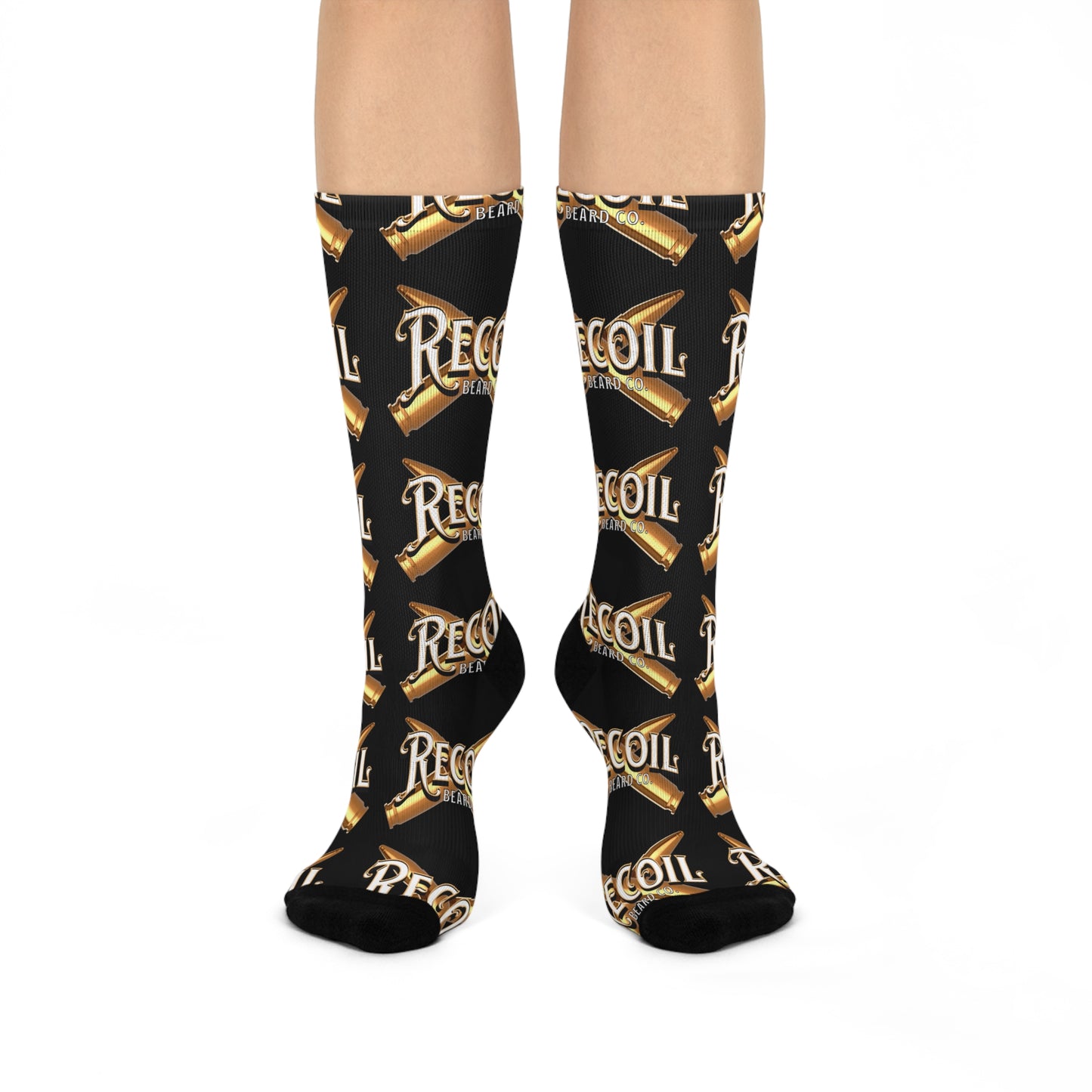 Recoil Beard Logo Crew Socks — Cushioned Black Tactical Socks with Bullet Design